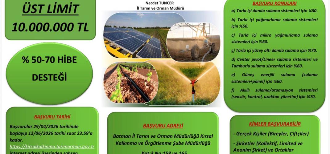 TASARRUFLU TARIMSAL SULAMA SİSTEMLERİ HİBE DESTEĞİ BAŞVURULARI BAŞLADI